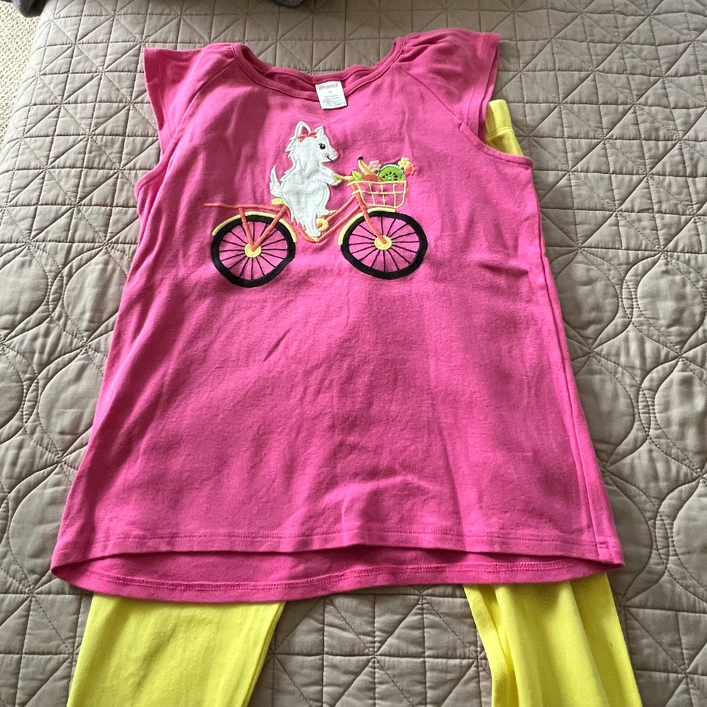Pink Dog Bicycle Graphic Top with Yellow Leggings